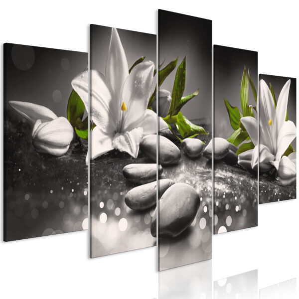 Leinwandbild - Lilies and Stones (5 Parts) Wide Grey