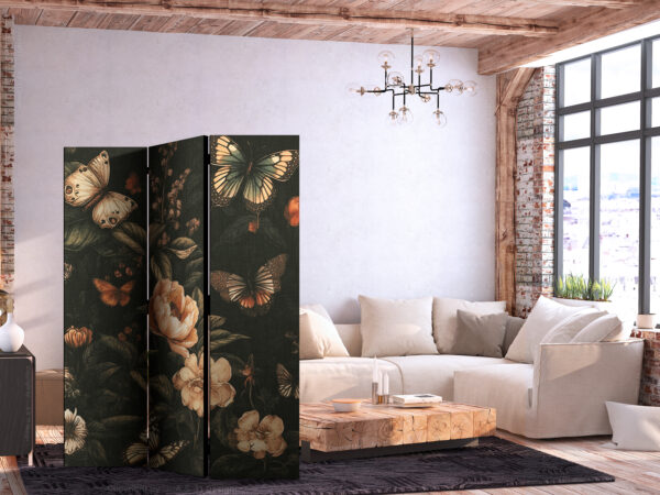 Paravent - Mysterious Garden - Butterflies Flying Over Flowers - Rustic Evening [Room Dividers] – Bild 2