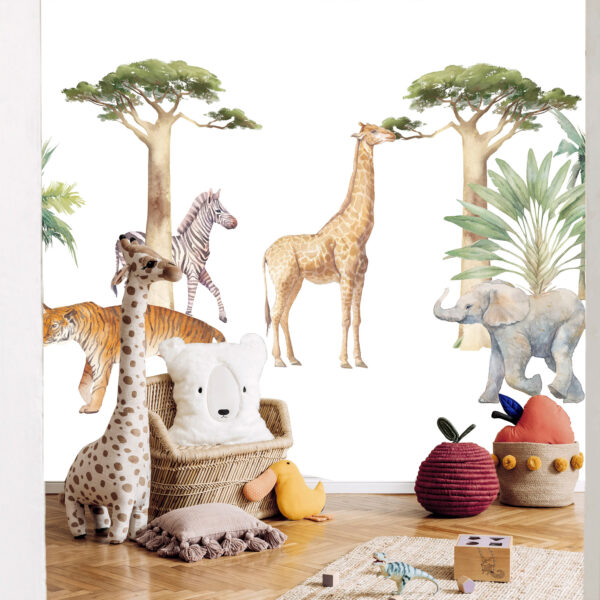 Fototapete - Jungle Animals on White Background Made With Watercolour Technique – Bild 2