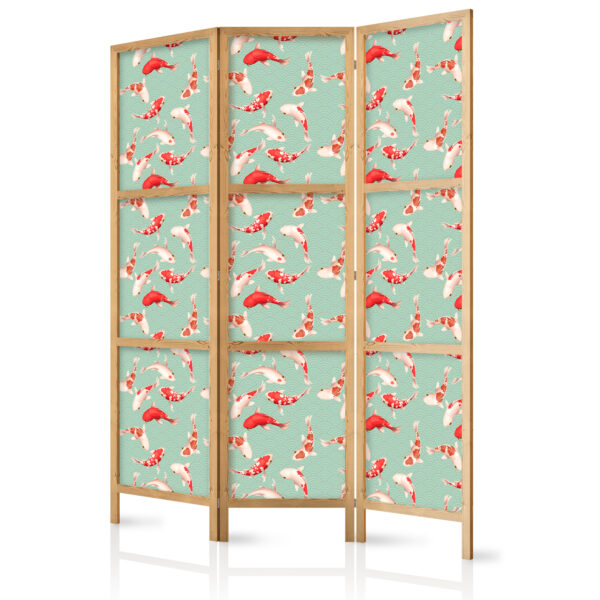 Japanischer Paravent - Fish and Japanese Pattern - Koi Fish in Orange-Cream Colors on a Green-Mint Background with an Oriental Pattern