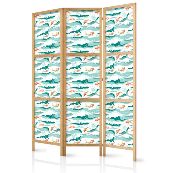 Japanischer Paravent - Fish Jumping Over Waves - Oriental Fish and Water Lilies Among High Waves in Shades of Sea Green