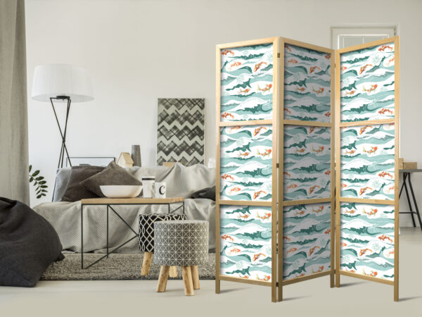 Japanischer Paravent - Fish Jumping Over Waves - Oriental Fish and Water Lilies Among High Waves in Shades of Sea Green – Bild 2