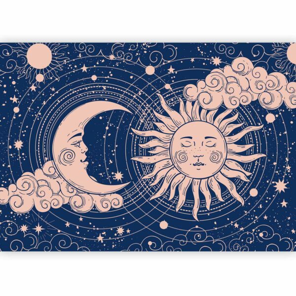 Fototapete - Cosmic Harmony - Illustration of the Sun and Moon on a Navy Background – Bild 2