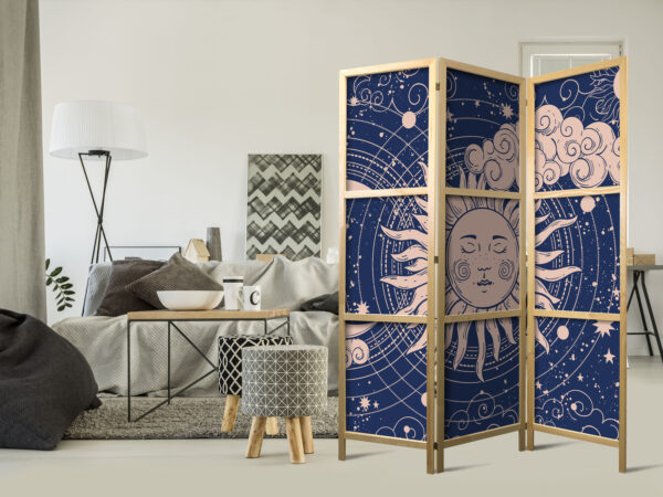 Japanischer Paravent - Cosmic Harmony - Illustration of the Sun and Moon on a Navy Background – Bild 2